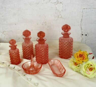 Vanity Dresser set Depression glass Pink Bottle Ring holder 6 pieces