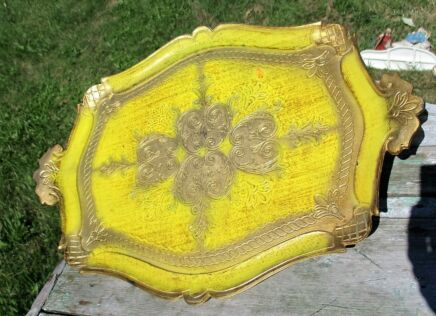 Italian Mid Century Hollywood Regency Florentine Yellow Serving Tray gold gilt