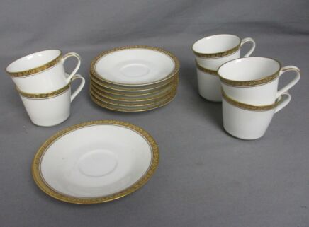 Set of 6 cups and Saucers Noritake Ashleigh Japan White Golden Rim