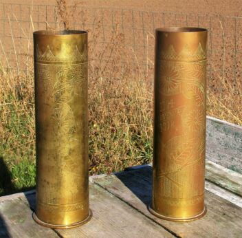 Couple Pair of Shell Casing trench Art Vases Engraved Brass Ornate WWI French