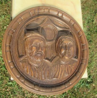 Carved Wood Plate Man Woman Head Folk Art Europe signed Ades