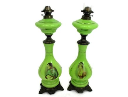 Pair antique Opaline Table oil lamp Burner with Glass Chimney Napoleon and Josephine 1920s green