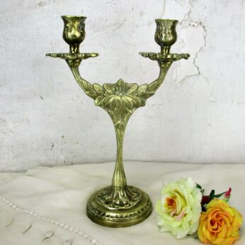 Vintage Brass Ornate Double Candle Holder Candelabra Patina Embossed