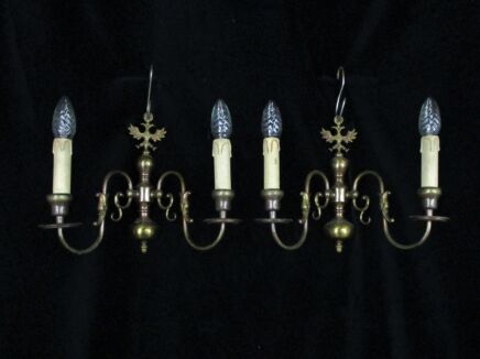 Pair Vintage Ornate Brass Two-Arm Double Wall Sconces Lights Flemish Eagle Fish