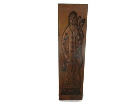 Antique Authentic Ginger cookie Biscuit Speculass hand Carved Wooden Board Mould Figurine Man Bird