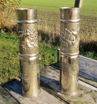 Pair of Shell Casing trench Art Vases Silver Color WWI Rare Flanders Fields