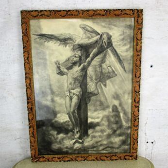 Framed Etch Drawing Jesus Christ Crucified Embraced by Angel Signed Wyngaard WOW