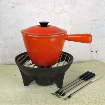 Vintage Le Creuset Fondue Set France Orange Dutch Oven French Stand & Burner