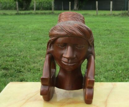 Vintage Hand Carved Wood Asian Woman's head Jar Pot Humidor Statuette