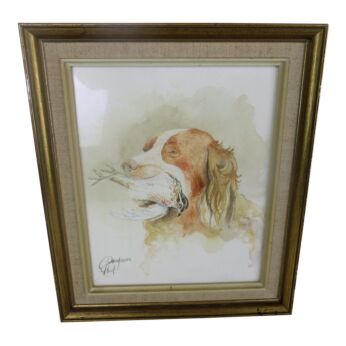 Aquarelle Painting Signed Cocker Spaniel Dog Hunter Bird Hunt