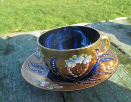 Moser Cobalt Blue Glass Gold Gilded 4 Cups and Saucers Porcelain Flowers