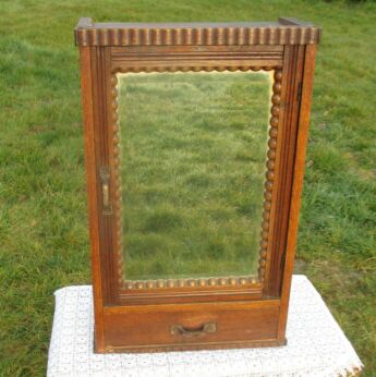 Vintage Wood Medicine Wall Cabinet Apothecary Beveled glass Mirror Hobnail