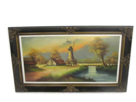 Oil Painting Canvas Framed Landscape Farm Windmill Creek Peaceful Signed