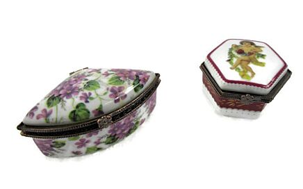 Pair Couple Romantic Pill jewelry Trinket Boxes  Hinged  Lovely Marked Crown over J Flowers & Angel