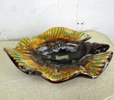 Large French Vallauris Serving Plate Platter Centerpiece Shell Tray Brown Yellow