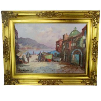 A. De Gugliemo Italian Fisherman Village Boats Lovely XL Oil Painting Canvas Framed Gorgeous Frame