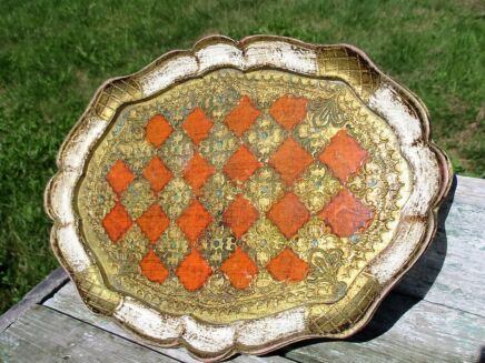 Italian Mid Century Hollywood Regency Florentine Orange Serving Tray gold gilt