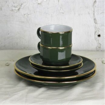 breakfast set for 2 Apilco Porcelain French Green Gold Rim 6 pieces Bistro ware