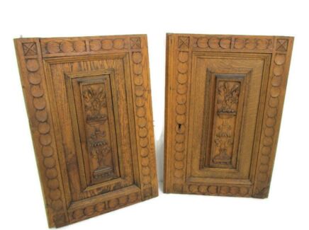 pair Antique French Carved Wood Oak Door Panels Reclaimed Architectural Flower Baskets