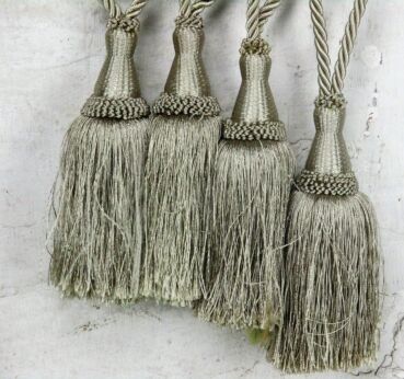 Vintage set of 4 Curtain Tie backs Tassel Rope Cord Silver Colored Fabric