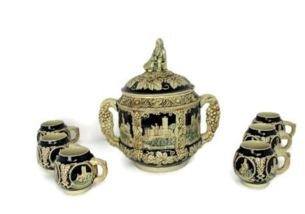 Set German Stoneware Soup Tureen Punch Wine Bowl Lidded Bacchus 6 cups