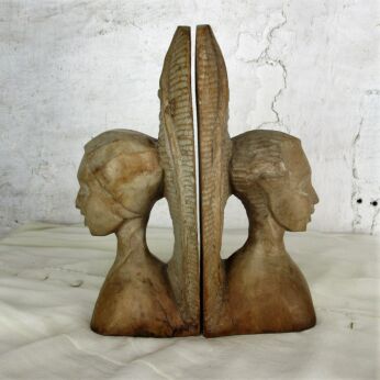 African Tribe Folk Bookends Figurines Hand Carved Wood Art Man Woman Couple