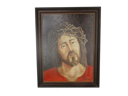 Lovely Painting Oil on Canvas Framed Jesus Christ Savior Head of Thorns Signed G. Hulsmans 1984