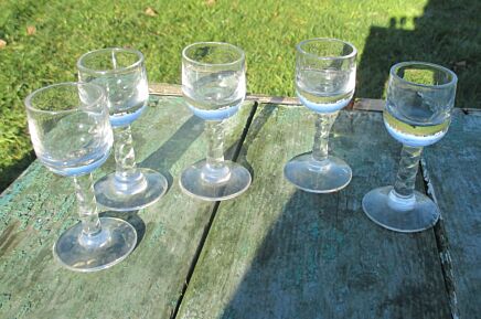 5 antique small shot glasses twisted stem hand blown