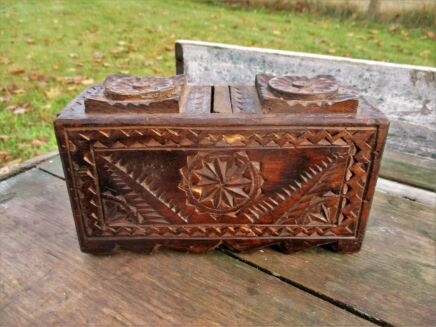 Hand Carved Wooden Box Sliding Lid Jewelry Trinket Tobacco Box Ornate