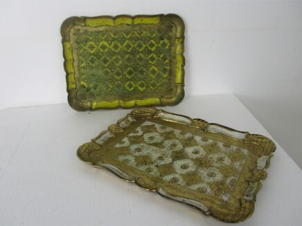 set of 2 Mid Century Italy Hollywood Regency Florentine Serving Tray Gold Wood Decoration Ornate