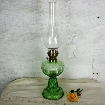 Vintage Oil Lamp Kerosene Green Depression Glass Bubbled glass Burner Belgium