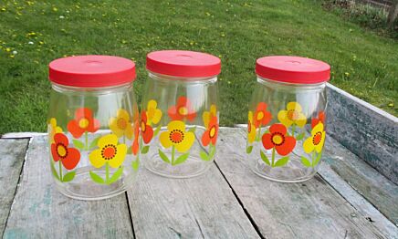 3 Vintage Lovely French Kitchen Jars Jug Clear Glass Orange yellow Flowers