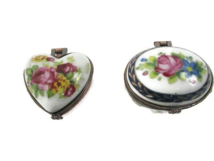 Pair Couple Romantic Pill jewelry Trinket Boxes Hinged Lovely Marked Crown over J Flowers