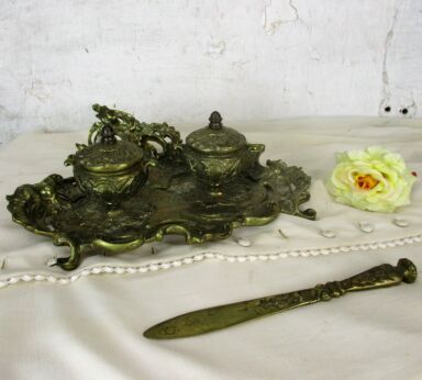 Antique Art Nouveau Ornate Brass Embossed Desk Double Inkwell Letter Opener