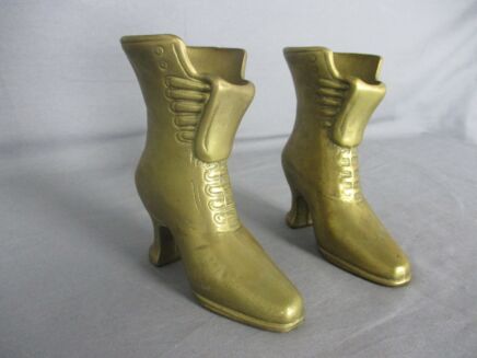 Two Vintage Brass Victorian Laced Boots Ladies Small Vases Mid Century Decorative