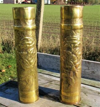 Pair Shell Casing trench Art Vases Engraved Brass Ornate WWI French 1914-1918