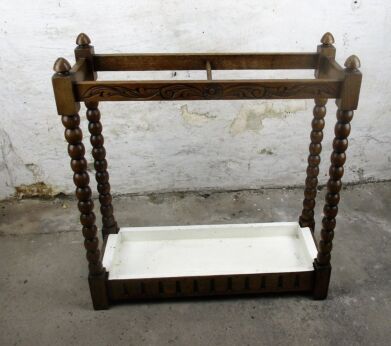 Jacobean style Umbrella Stand Hand Carved Wood with Metal Drip Tray Bobbin