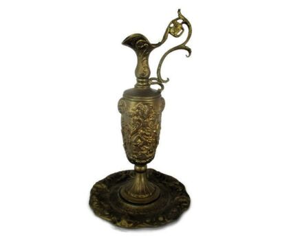 Gothic Ewer Jar Pitcher Brass Tray Decorative Ornate Gothic Goat Heads Angels Lovely