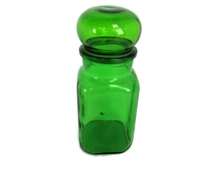 Vintage   glass container Bubble Lid Jar  Apothecary Bottle  Emerald Green Belgium