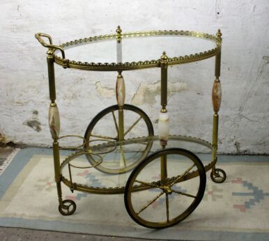 Oval Glass Marble Bar Cart Trolley Cocktail Hollywood Regency era maison Jansen