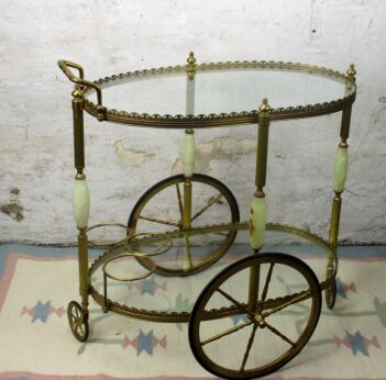 Oval Glass Marble Bar Cart Trolley Cocktail Entertainment Hollywood Regency