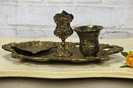 Beautiful Ornate Brass Desk Set Tray Envelope Holder Pen Holder Ashtray 4 pieces