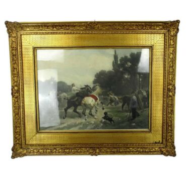 Antique Gorgeous Litho Taming Horses after Sicard Ornate Frame Wood Plaster