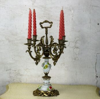 Vintage Ornate Brass Porcelain Flowers 4 Arm Candle Holder Candelabra