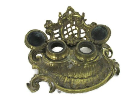 Gorgeous Antique Brass Double Inkwell Ornate Pen Holder