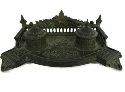 Gorgeous Antique Bronze Double Inkwell Ornate Pen Holder Ornate Ornate