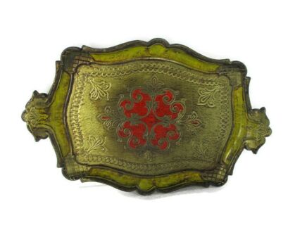 small Mid Century Italy Hollywood Regency Florentine Serving Tray Red Yellow Gold Resin Decoration Ornate