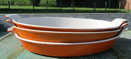 3 vintage Oven Dishes Au Gratin Le Creuset France Orange Oval Dutch Oven 32