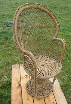 Vintage Rattan Wicker Peacock High Fan Back Childs Chair 30.12" Folk Art