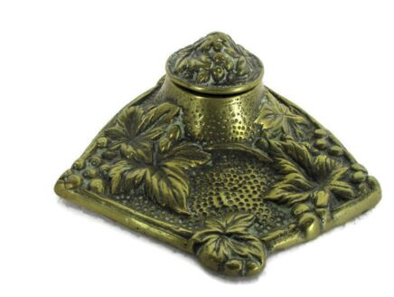 Lovely Antique Brass Inkwell Ornate Pen Holder Ornate Ornate Porcelain holder